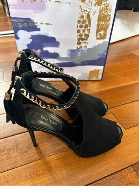 White House Black Market Black Suede Peep-Toe Heels with Chain Accent